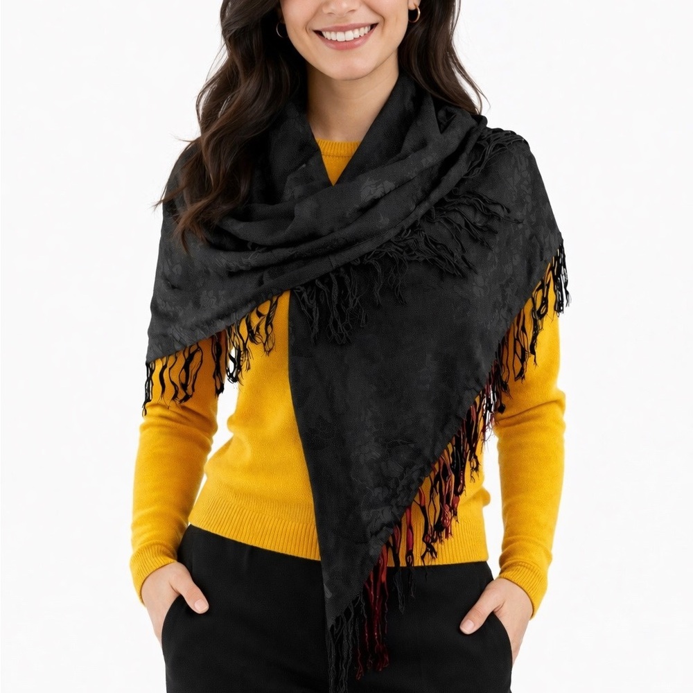 Zazou Black Square Fringed Wrap Shawl